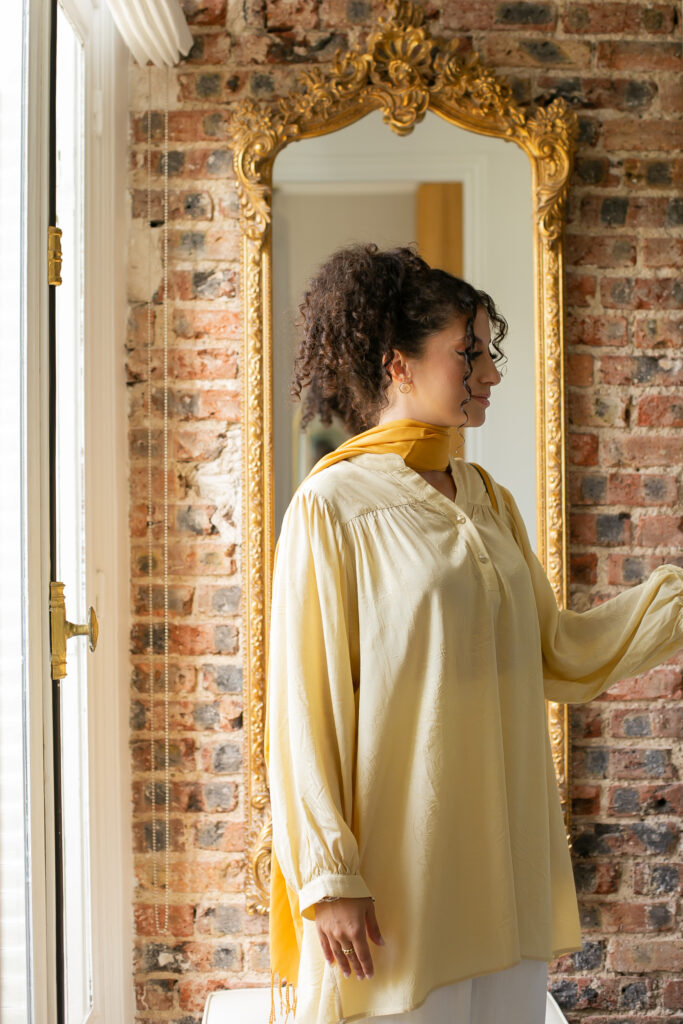 long yellow jacquard blouse